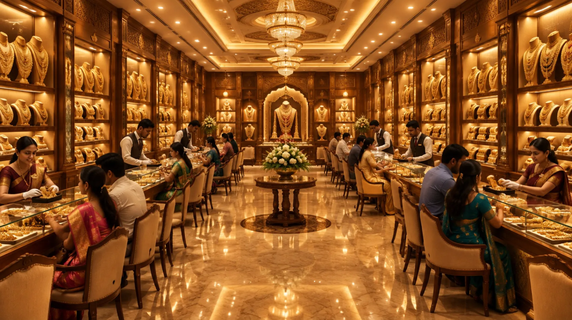 Brightly lit jewellery showroom with gold display counters