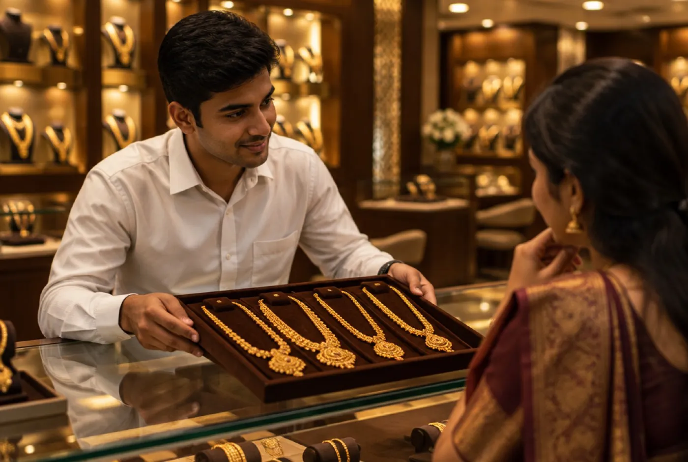Jewellery showroom counter with gold on display