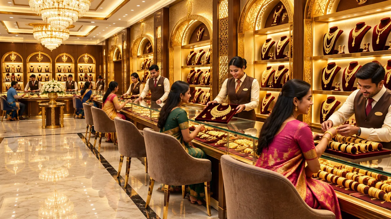 Showroom staff serving a customer at a jewellery counter